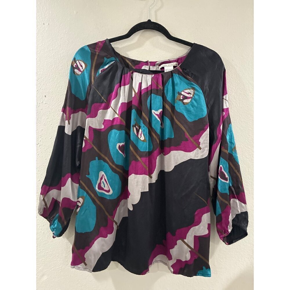 Peter Nygard Blouse Womens Colorful Print Silk Size 12 slip on boho top